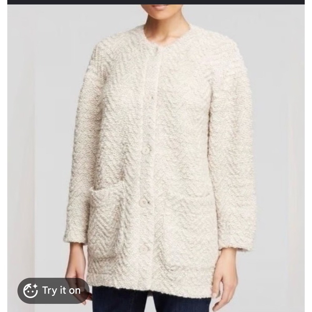 Eileen Fisher Chevron Boucle Wool Alpaca Blend Long Cardigan Coat Beige Medium